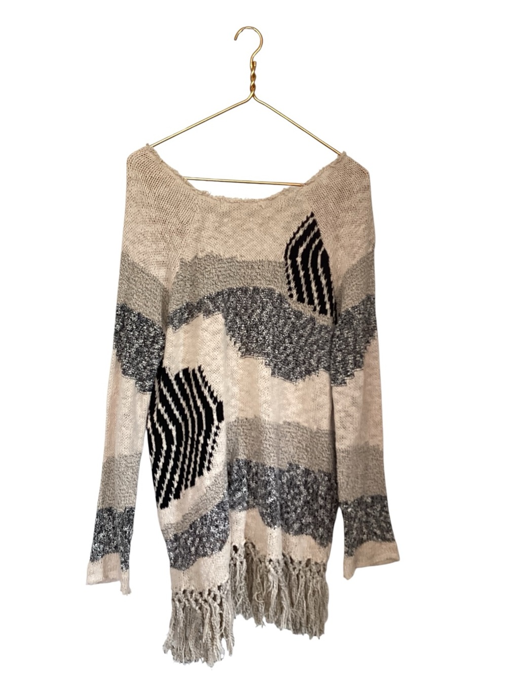 Free People Boho Grey Black Fringe Festival Chunky Oversized Sweater Size L